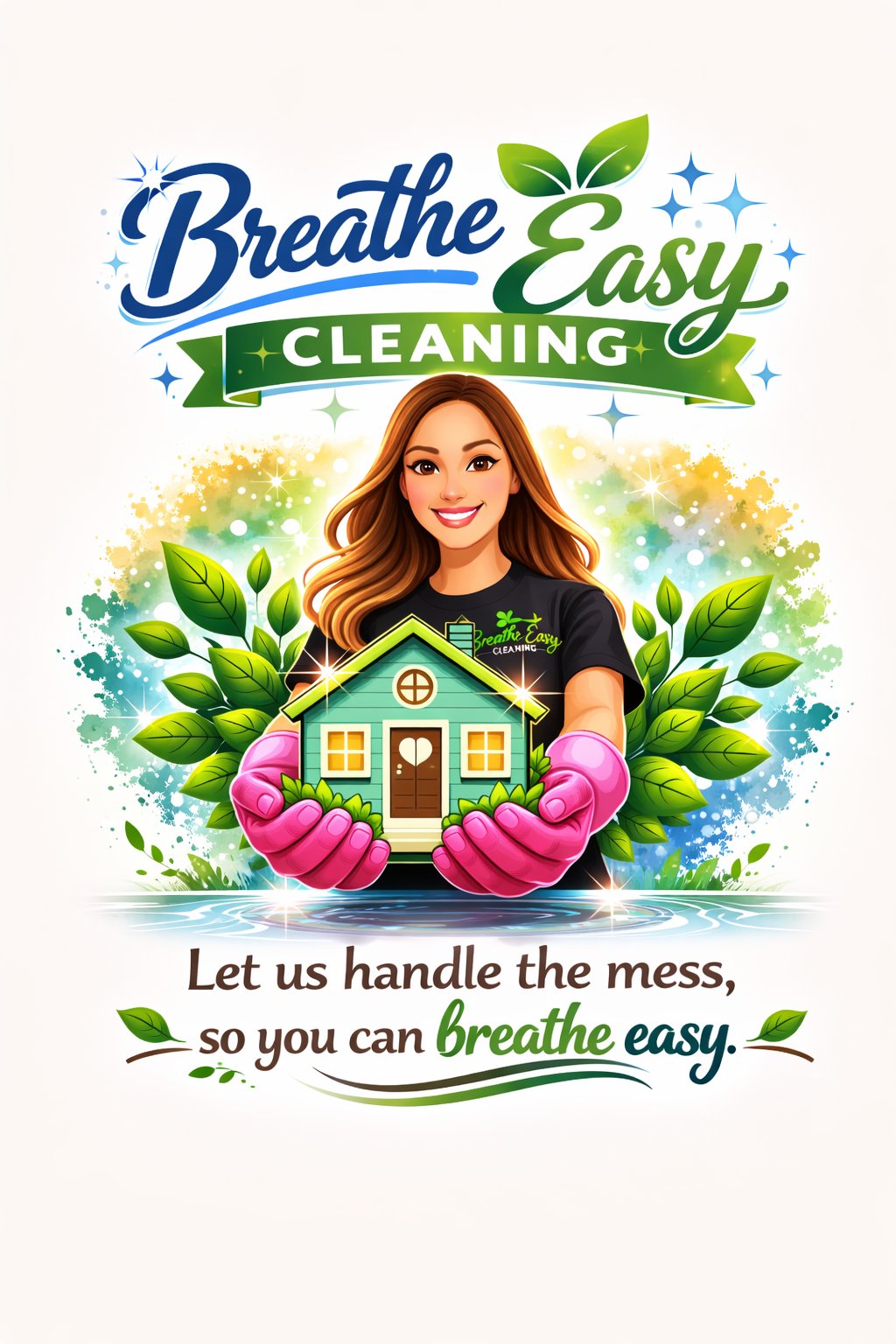 Breathe Easy Cleaning artwork: Brittany holding a sparkling house with the words 'Let us handle the mess, so you can breathe easy'