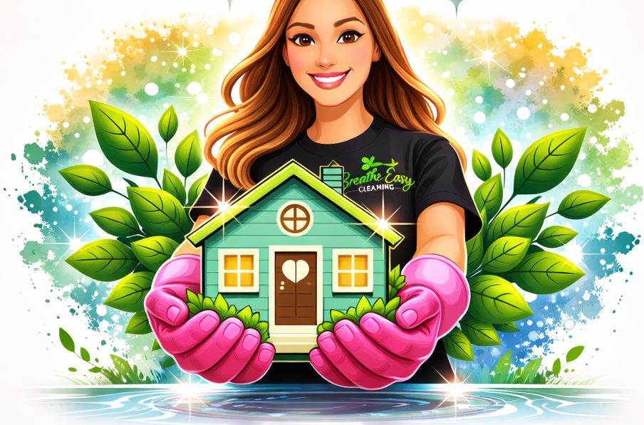 Illustration of Brittany in a Breathe Easy Cleaning shirt and pink gloves, holding a sparkling little house surrounded by fresh green leaves